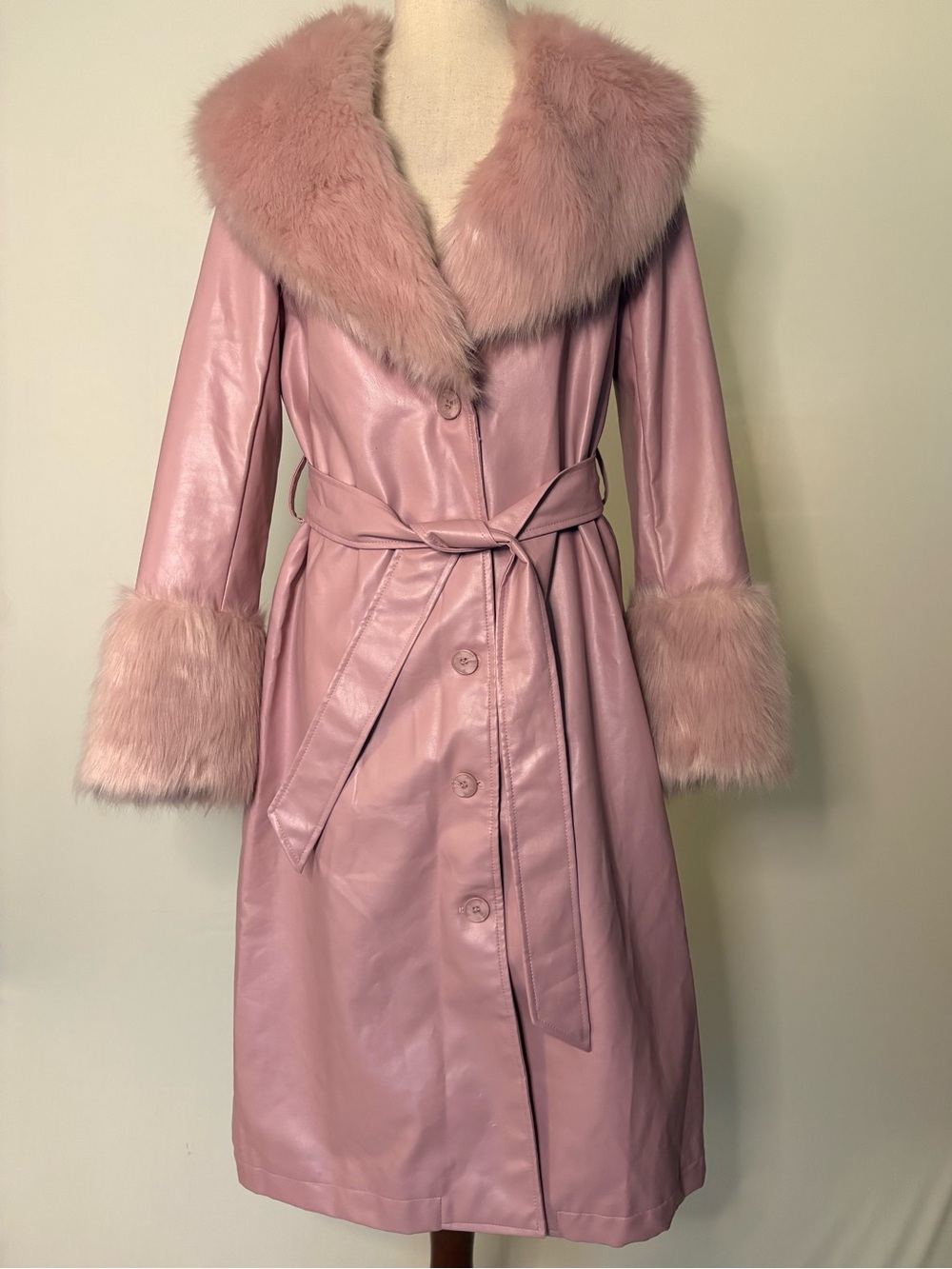 Princess Polly “Alice” Penny Lane Faux Fur Vegan Leather Pink Trench Coat Size 4 - Picture 5 of 10